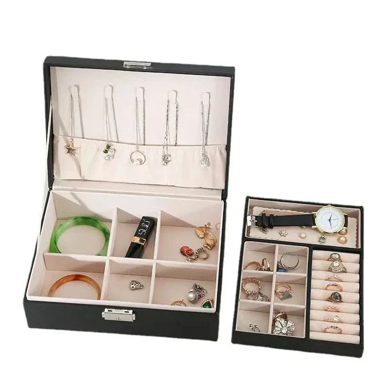 RegalCraft Trä Smyckeskrin med PU-läder för kvinnor, tvåvånings, elegant organiserare
