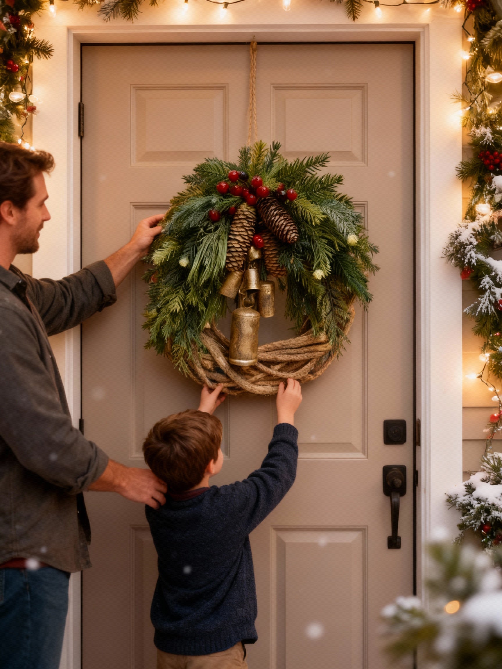 Handmade Bohemian Winter Wreath | Bells, Pinecones & Berries | 43 cm | Indoor/Outdoor