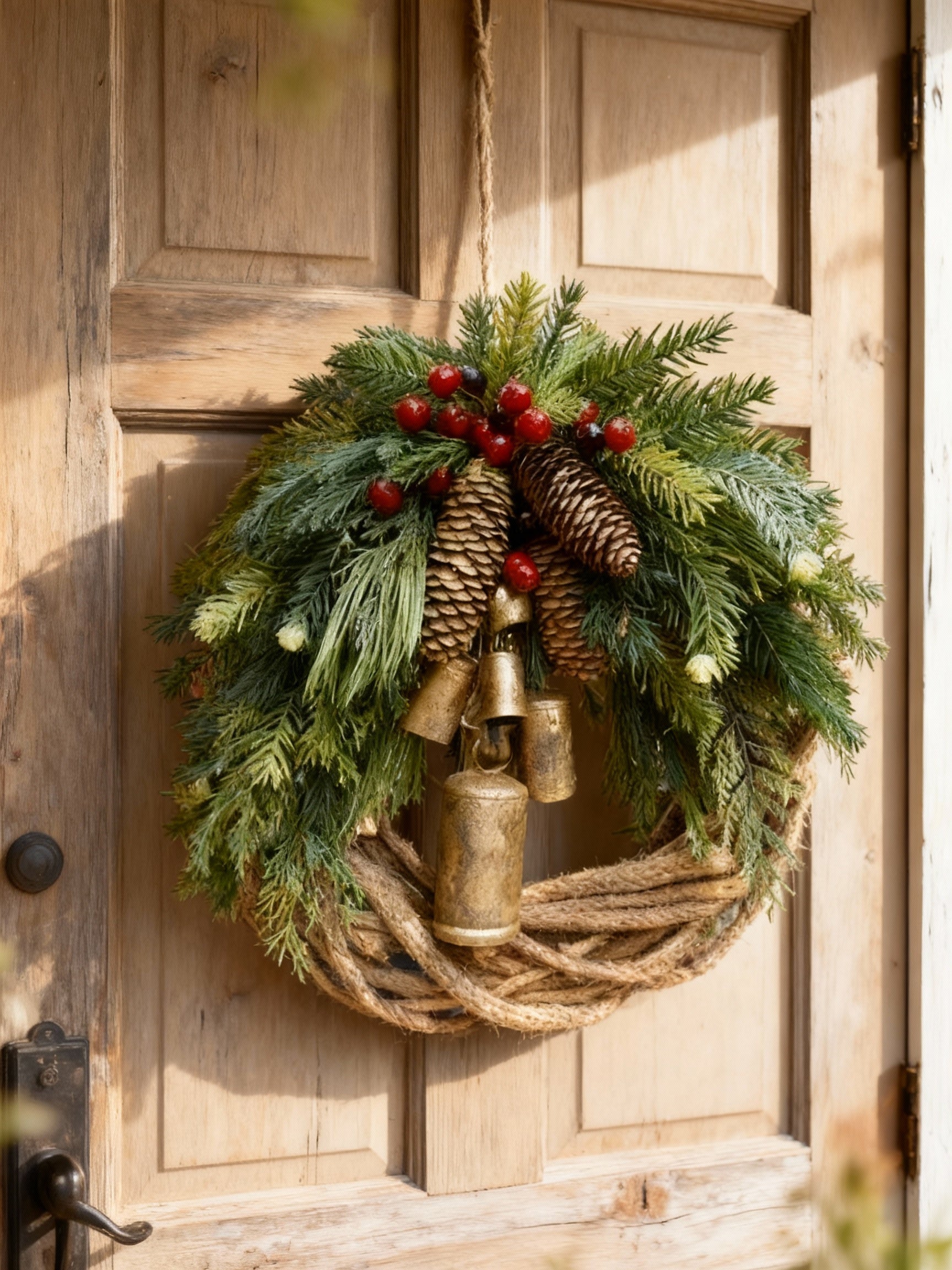 Handmade Bohemian Winter Wreath | Bells, Pinecones & Berries | 43 cm | Indoor/Outdoor