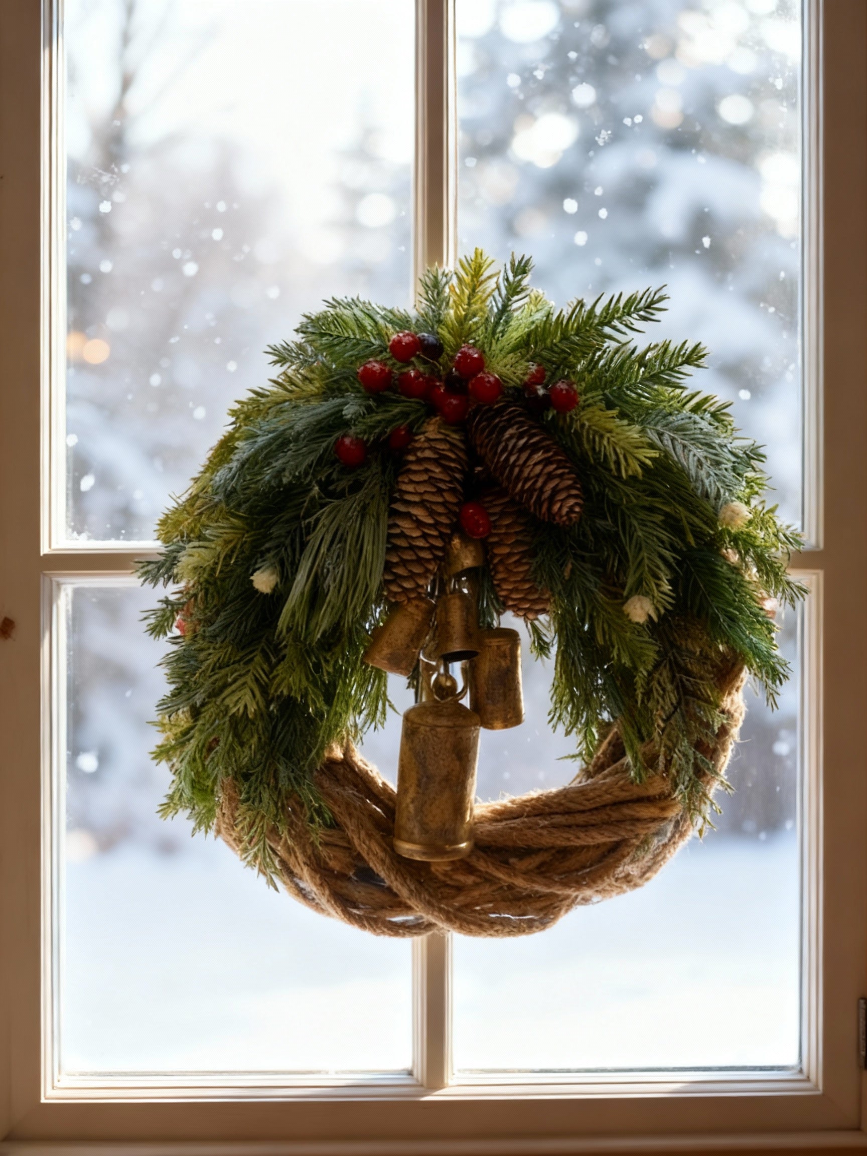 Handmade Bohemian Winter Wreath | Bells, Pinecones & Berries | 43 cm | Indoor/Outdoor
