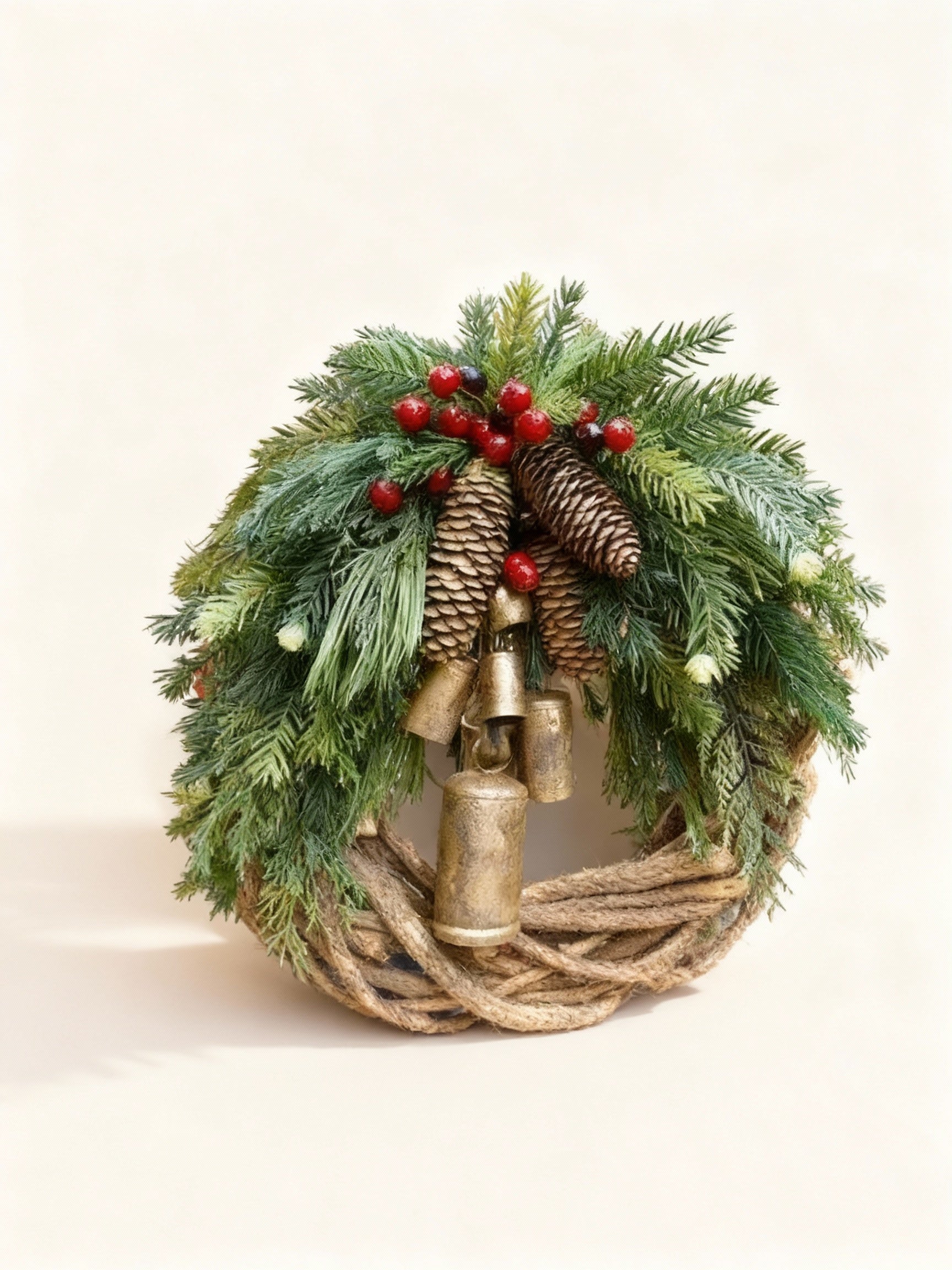 Handmade Bohemian Winter Wreath | Bells, Pinecones & Berries | 43 cm | Indoor/Outdoor