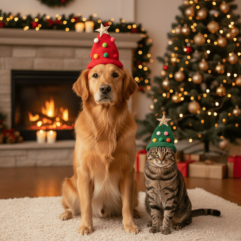 Cappello di Natale in Peluche con Bordo Dorato Elegante per Animali Domestici