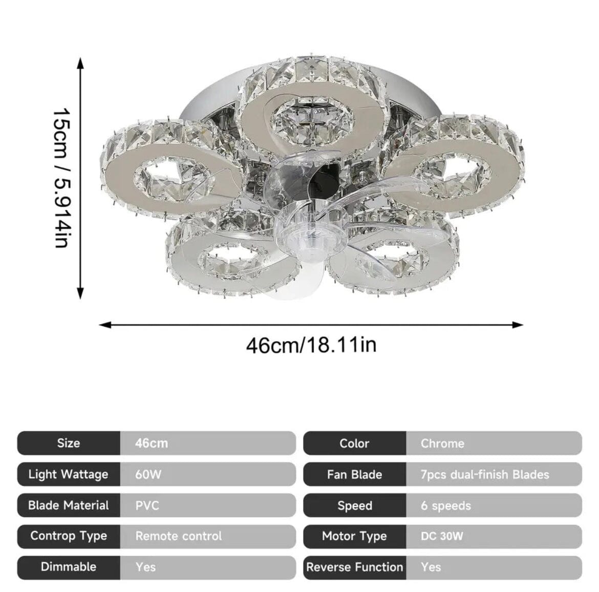 Luma Crystal Ceiling Fan With Five Ring LED Lights