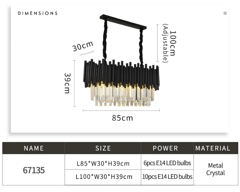 Collection de lustres en cristal Nova en finition noir mat