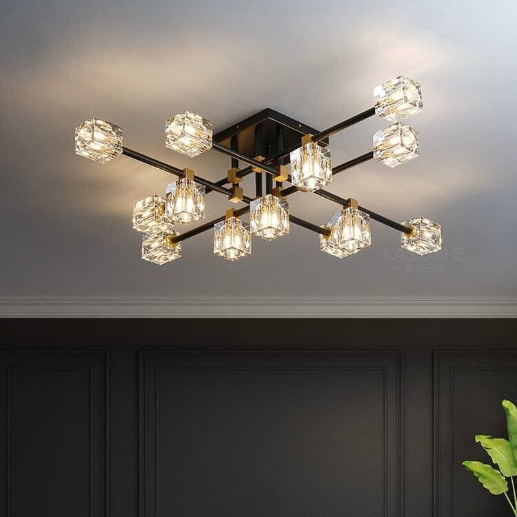 Lámpara de araña de cristal Nebulosa Obsidiana con bordes dorados y LED G9