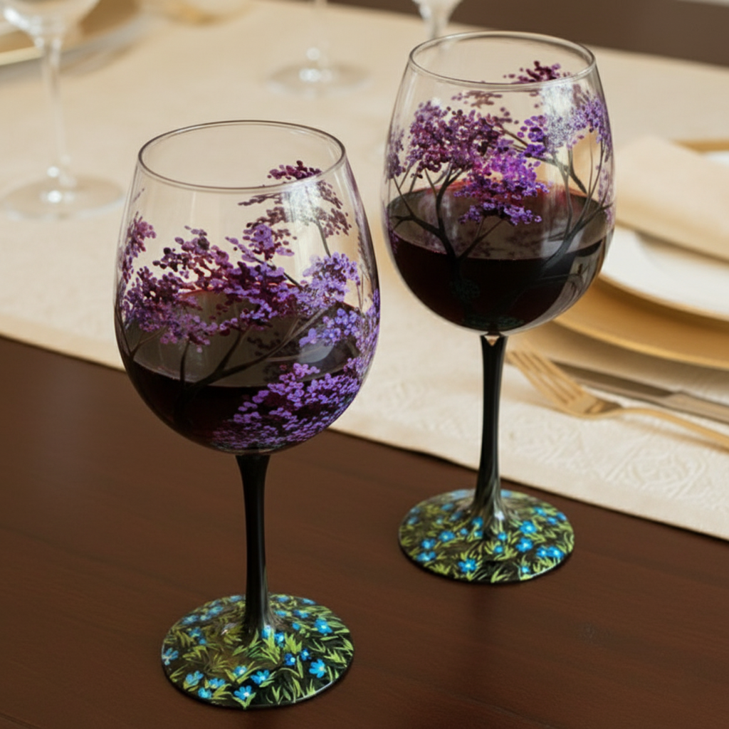 Hand Painted Four Seasons Tree Wine Glasses | Unique Art
