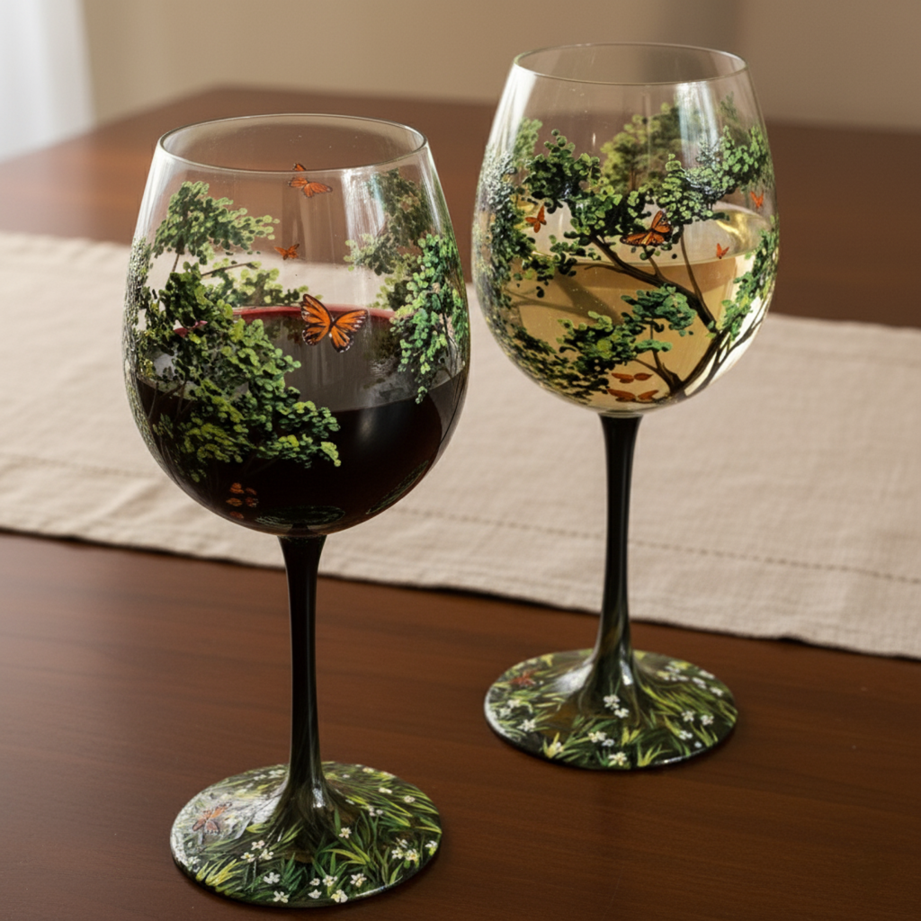 Hand Painted Four Seasons Tree Wine Glasses | Unique Art