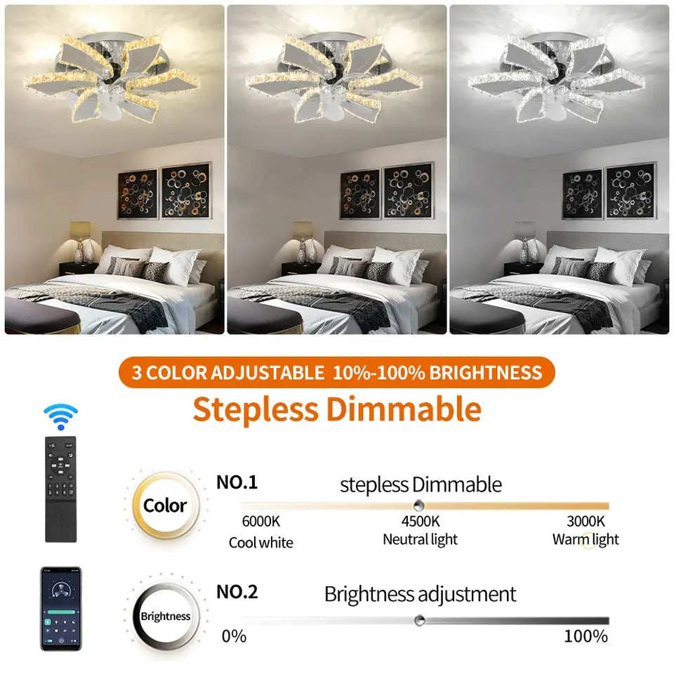 Ventilatore da soffitto a LED NovaLuxe con 7 pale in cristallo e telecomando