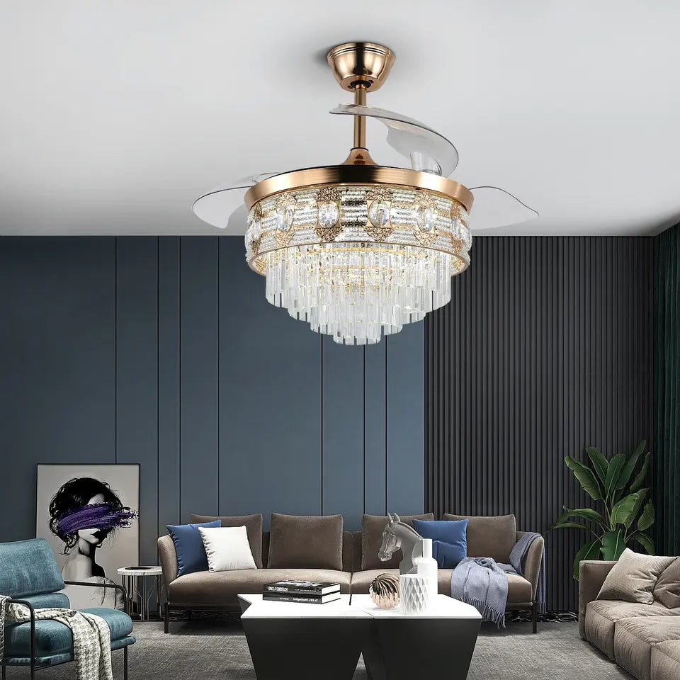 Stropní ventilátor Elora Gold Finish Fandelier s dálkovým ovládáním a osvětlením
