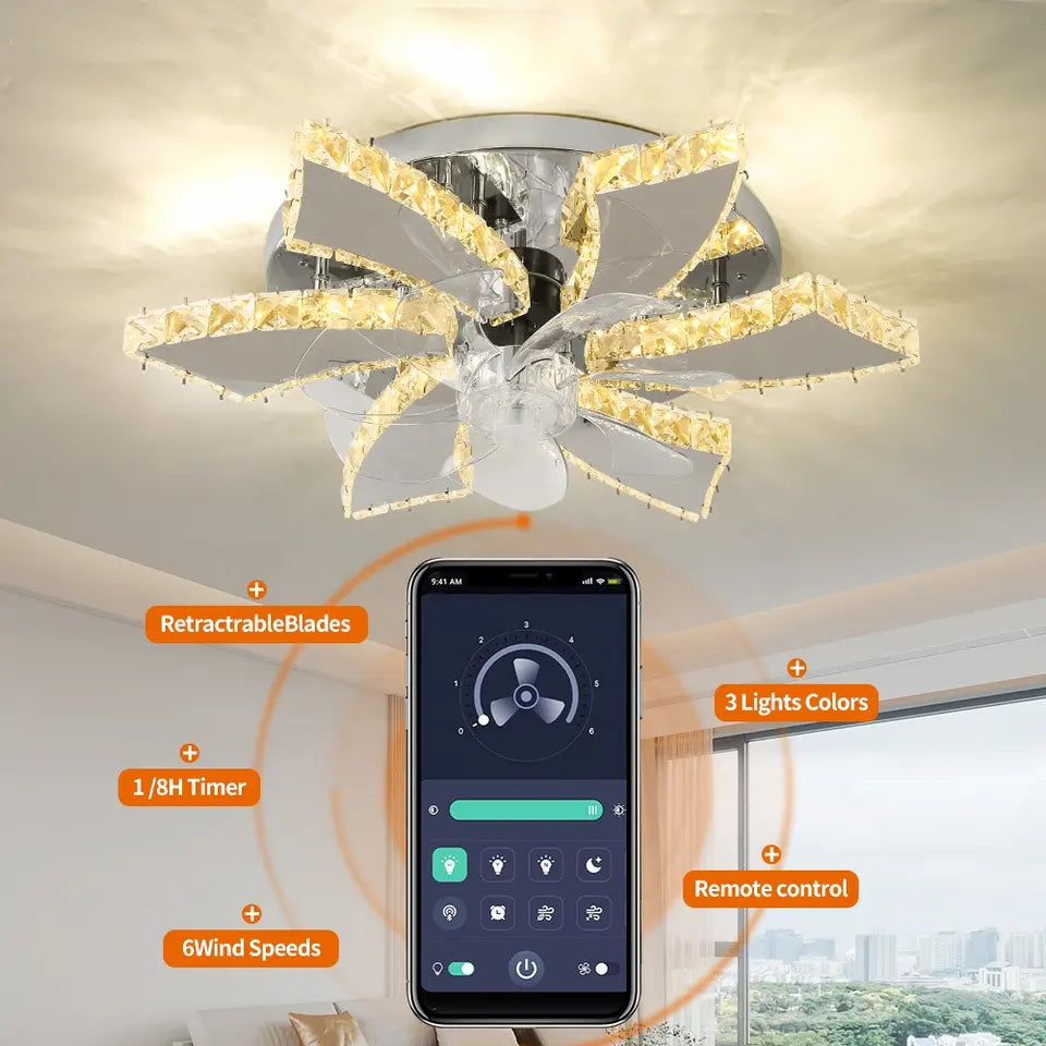 Ventilatore da soffitto a LED NovaLuxe con 7 pale in cristallo e telecomando