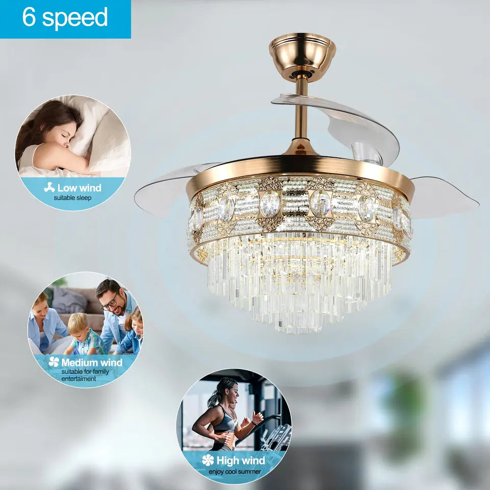 Stropní ventilátor Elora Gold Finish Fandelier s dálkovým ovládáním a osvětlením