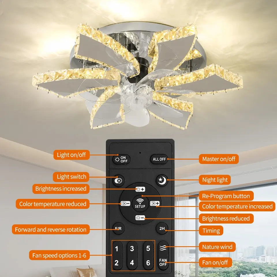 Ventilatore da soffitto a LED NovaLuxe con 7 pale in cristallo e telecomando