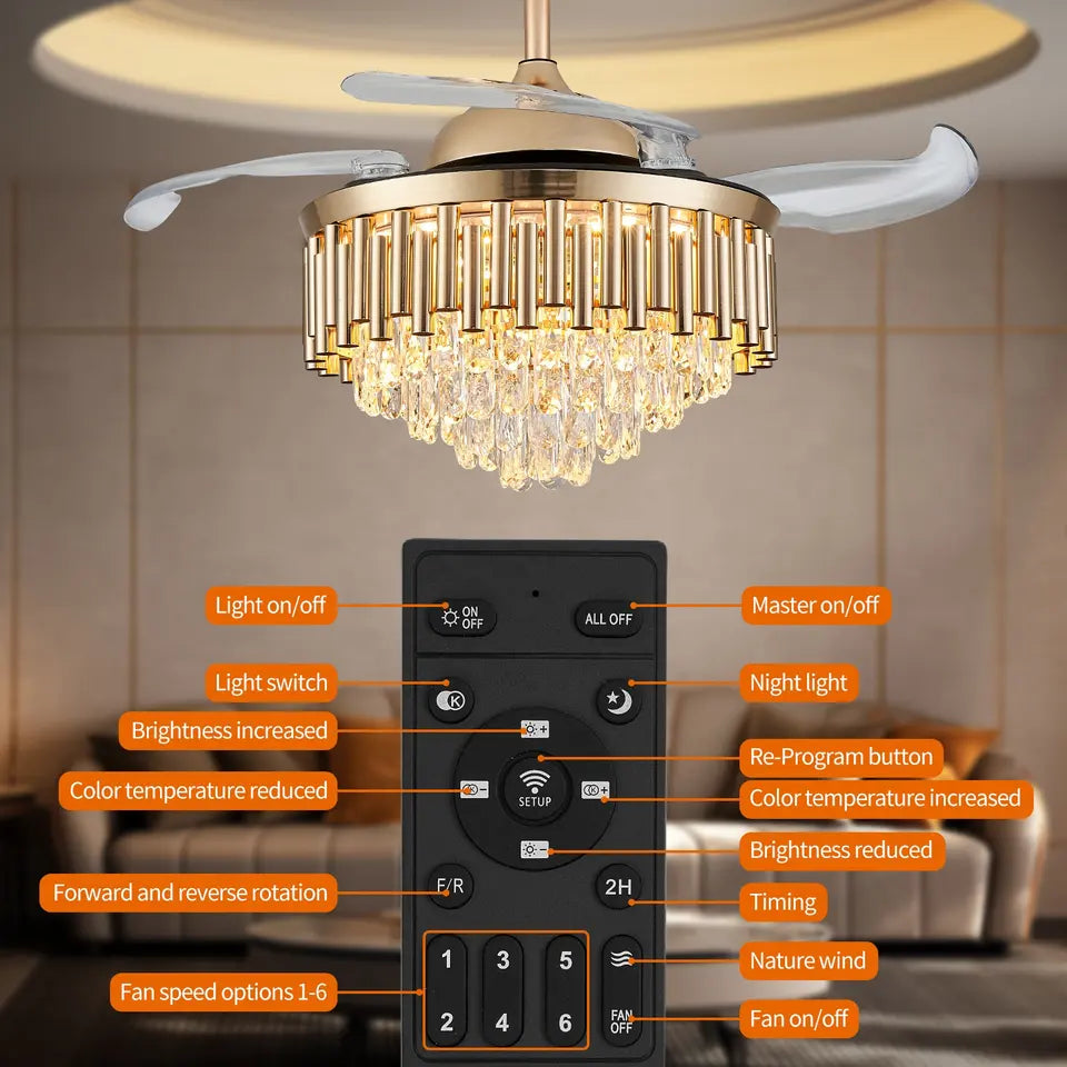 Aurea Crystal Chandelier With Retractable Blades, 42-Inch Diameter