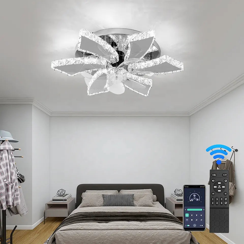 Ventilatore da soffitto a LED NovaLuxe con 7 pale in cristallo e telecomando