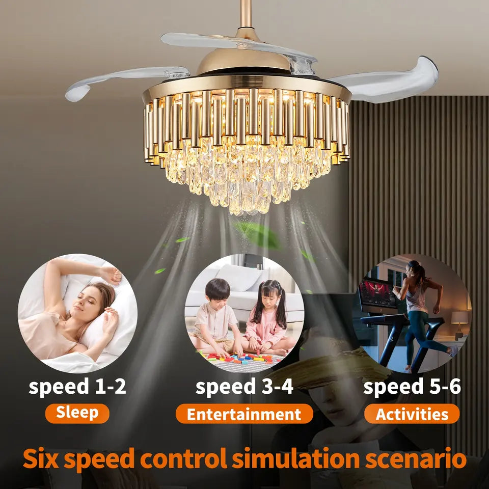 Aurea Crystal Chandelier With Retractable Blades, 42-Inch Diameter