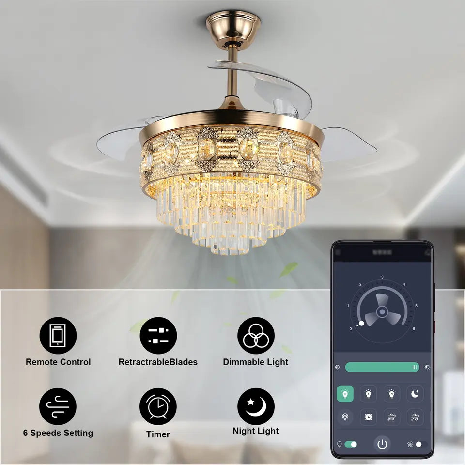 Stropní ventilátor Elora Gold Finish Fandelier s dálkovým ovládáním a osvětlením