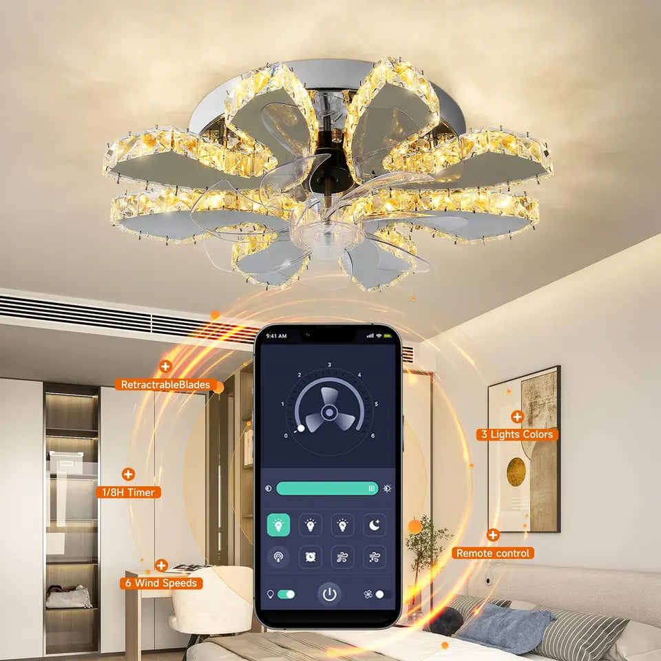 Ventilator de tavan NovaLuxe cu 6 viteze și lumină cu floare de cristal