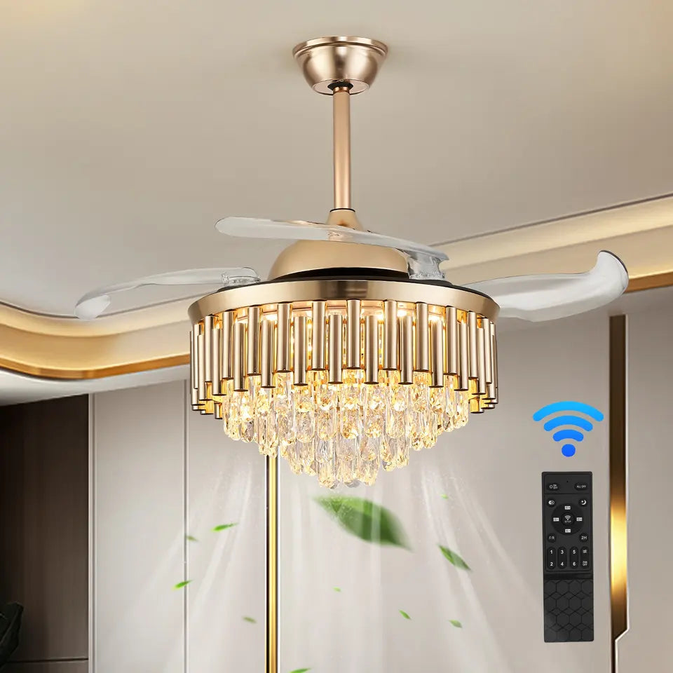 Aurea Crystal Chandelier With Retractable Blades, 42-Inch Diameter