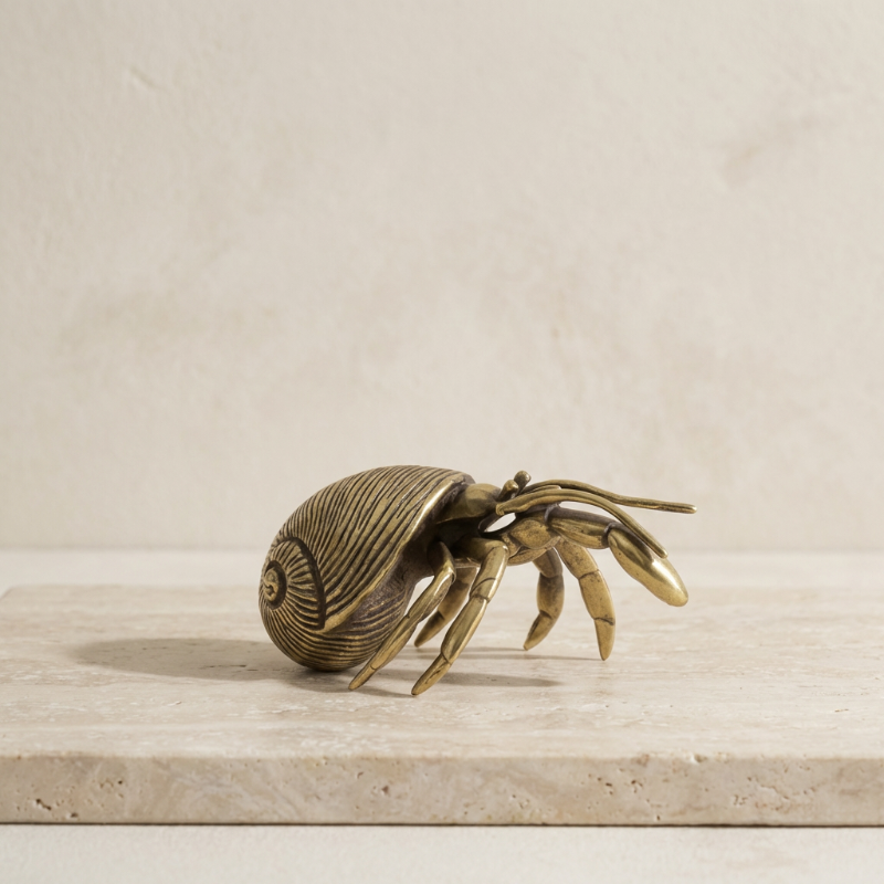 OceanMuse Brass Hermit Crab Sculpture Handcrafted Coastal Accent