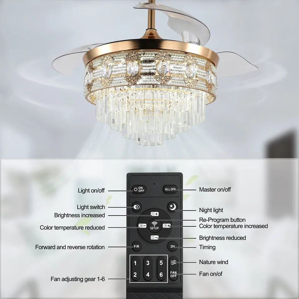 Stropní ventilátor Elora Gold Finish Fandelier s dálkovým ovládáním a osvětlením
