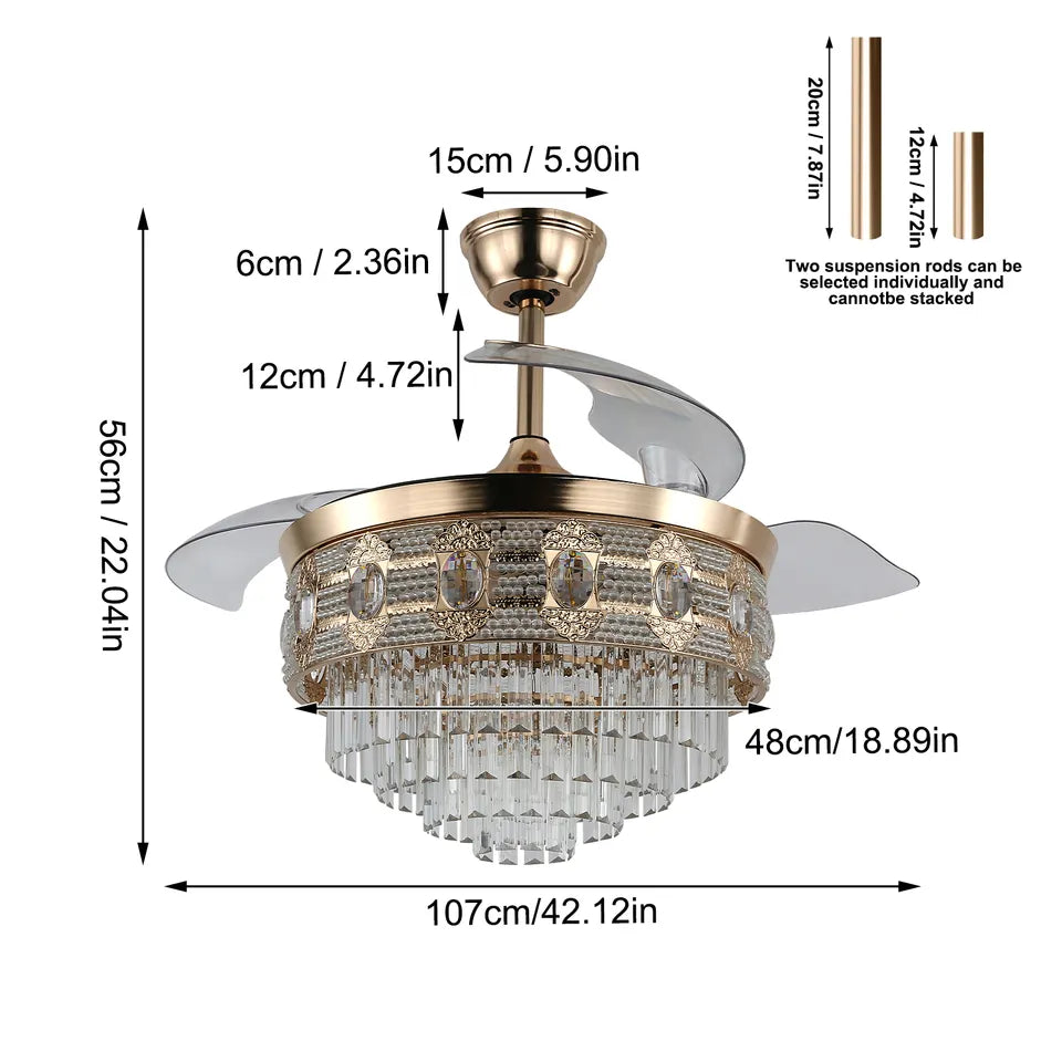 Stropní ventilátor Elora Gold Finish Fandelier s dálkovým ovládáním a osvětlením