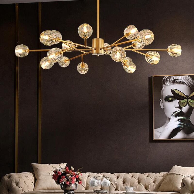 Lámpara de araña Elara Orb LED de cristal para espacios modernos