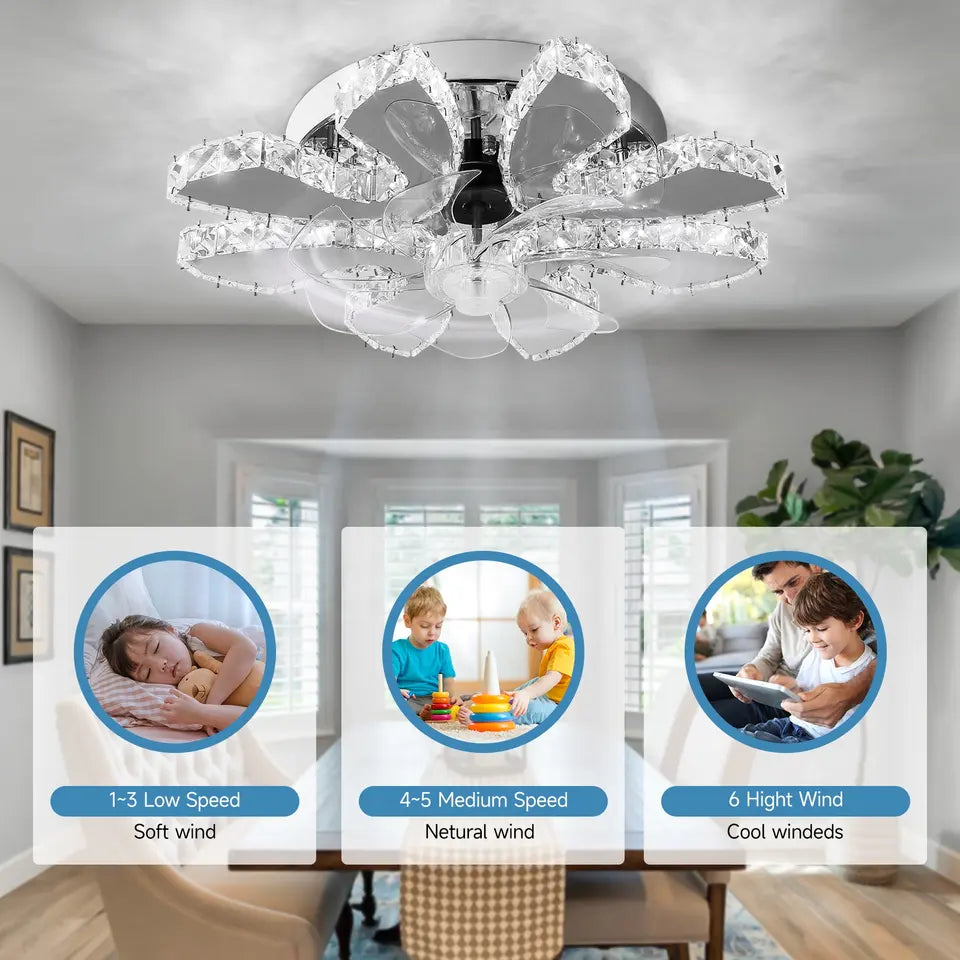 Ventilator de tavan NovaLuxe cu 6 viteze și lumină cu floare de cristal