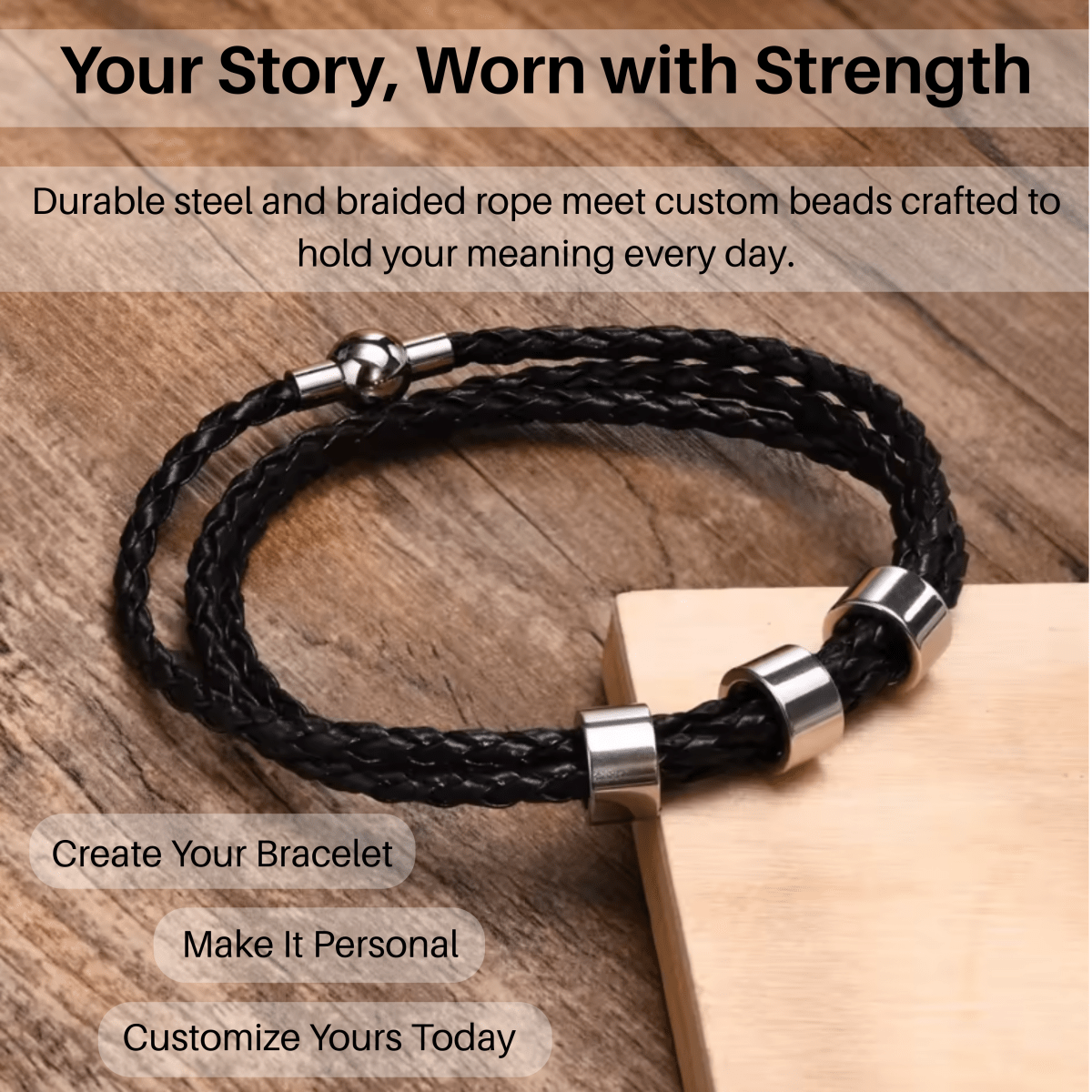 Pulsera trenzada duradera para hombre NovaForge con cuentas personalizadas con nombre