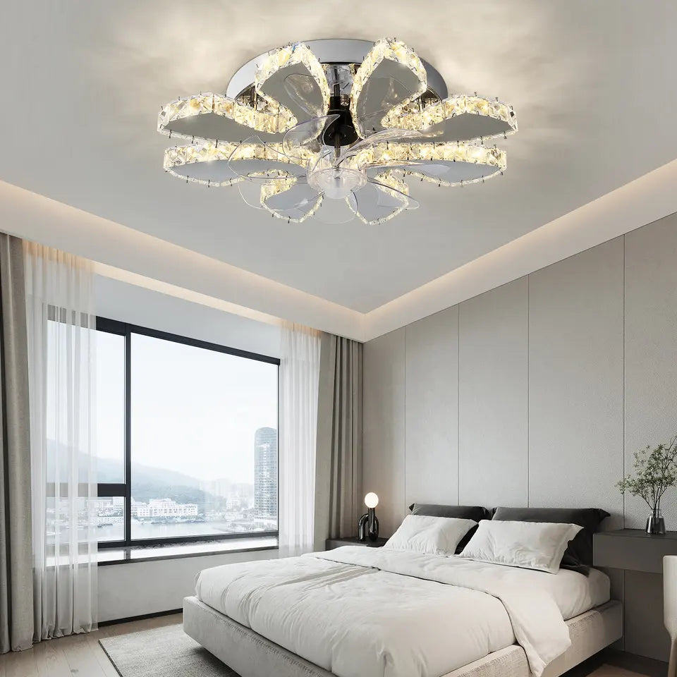 Ventilator de tavan NovaLuxe cu 6 viteze și lumină cu floare de cristal