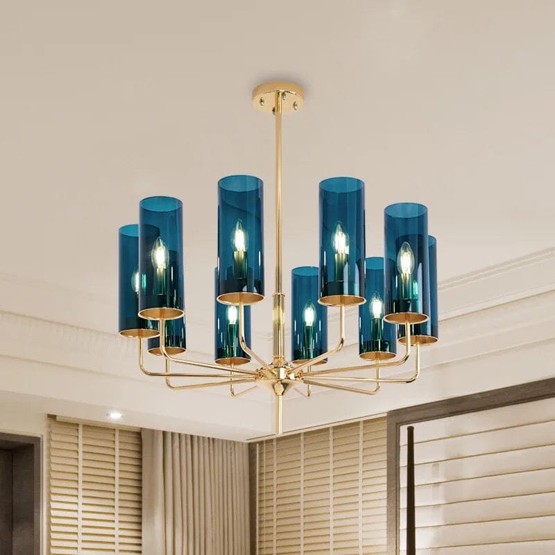 Lumenia blå glass LED-lysekrone med gullbelagt finish