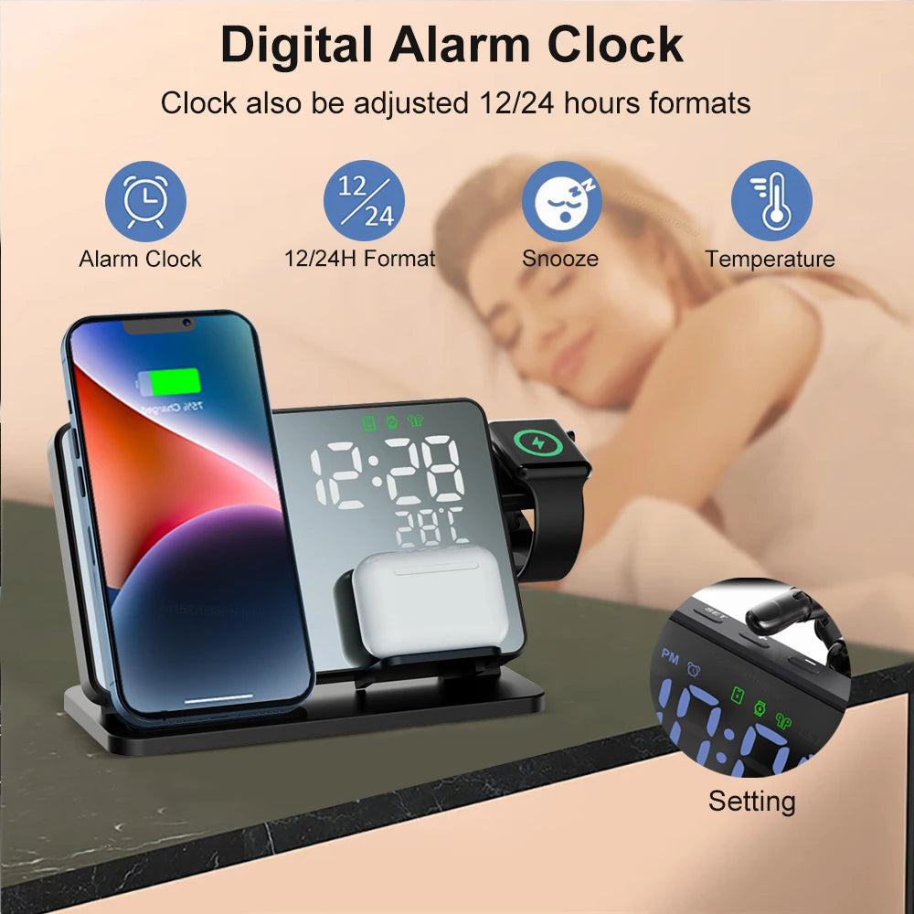 Reloj de Escritorio Tres en Uno con Base de Carga Rápida para iPhone, Apple Watch y AirPods