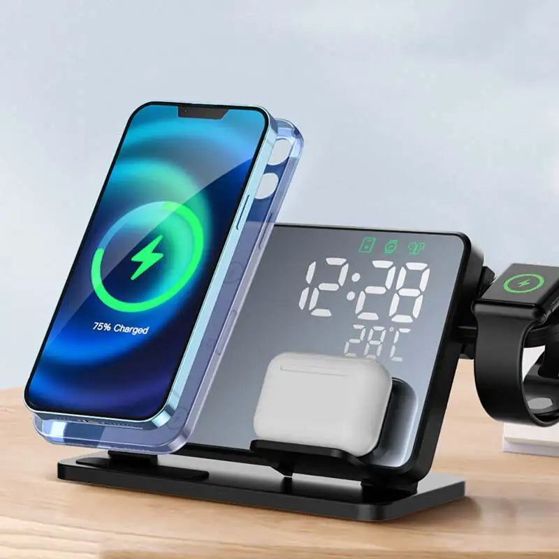 Reloj de Escritorio Tres en Uno con Base de Carga Rápida para iPhone, Apple Watch y AirPods