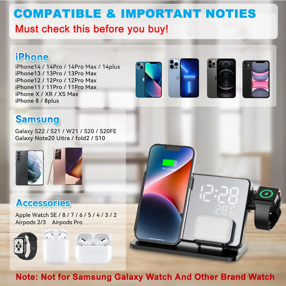 Reloj de Escritorio Tres en Uno con Base de Carga Rápida para iPhone, Apple Watch y AirPods