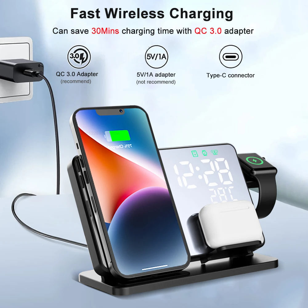 Reloj de Escritorio Tres en Uno con Base de Carga Rápida para iPhone, Apple Watch y AirPods