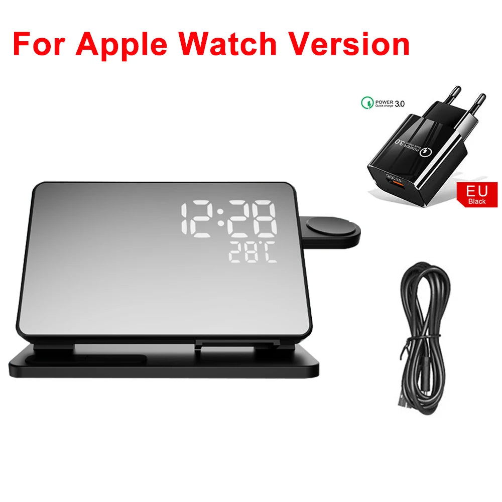 Reloj de Escritorio Tres en Uno con Base de Carga Rápida para iPhone, Apple Watch y AirPods