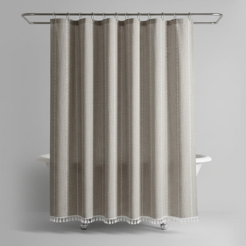 Rideau de douche en lin Boho Haven avec pompons et design imperméable
