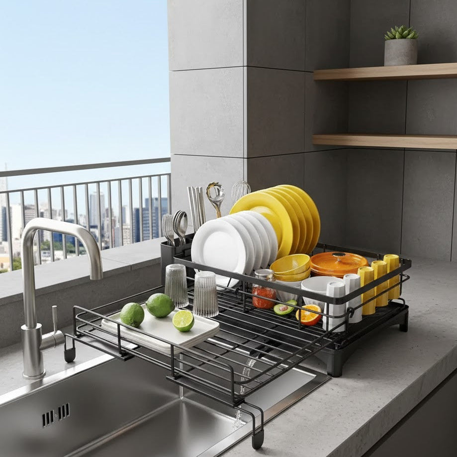 Égouttoir robuste en acier inoxydable DryHub avec bac d'égouttage et compartiment à couverts