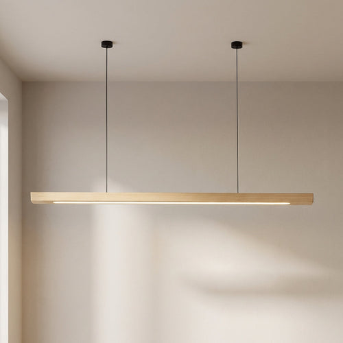 Lámpara colgante lineal Arcwood en madera maciza para islas de cocina y mesas de comedor
