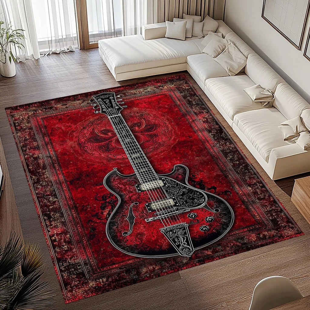 CozyChord Vintage Guitar Print Area Rug, Soft Flannel, Non Slip For Music Lovers