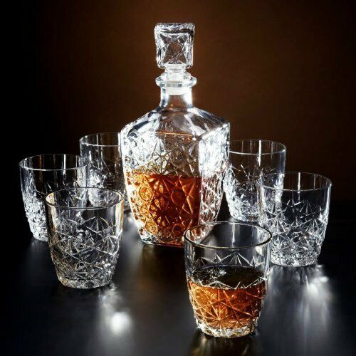 Whiskey Crystal Decanter Kit With Diamond Glass, 7 Piece Barware Set For Entertaining