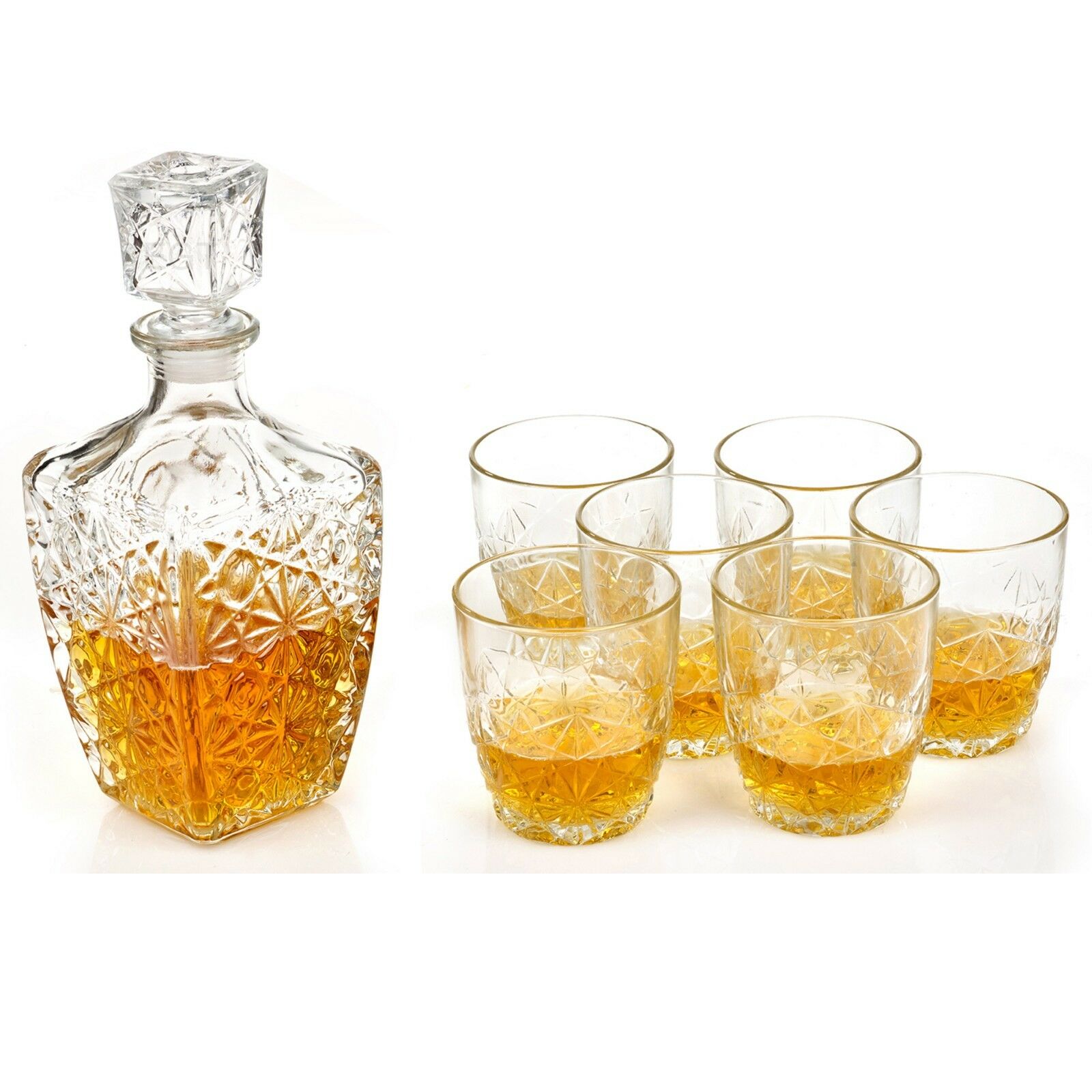 Whiskey Crystal Decanter Kit With Diamond Glass, 7 Piece Barware Set For Entertaining