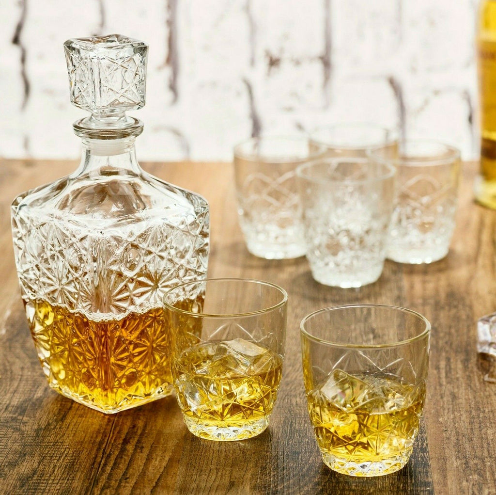 Whiskey Crystal Decanter Kit With Diamond Glass, 7 Piece Barware Set For Entertaining
