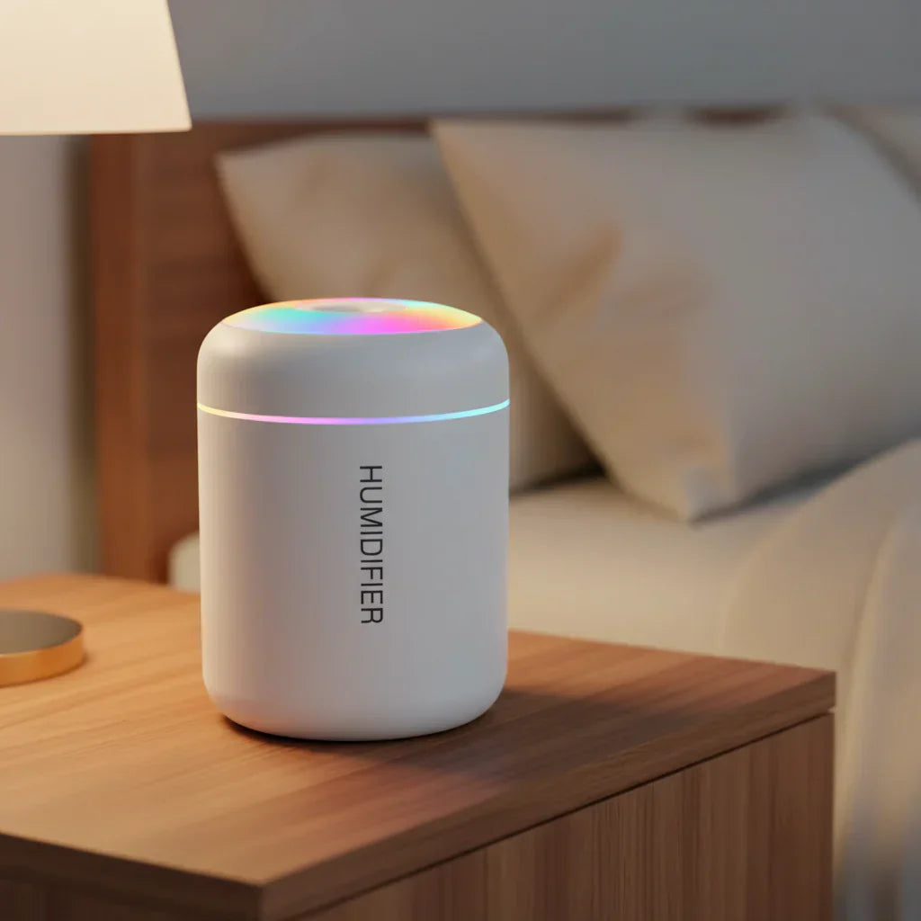 Humidificador USB compacto LumaMist mini 180 ml con iluminación LED para escritorio
