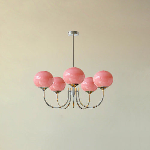 Lámpara de techo Aurelia Glow dorada con pantallas de vidrio rosa para tres o cinco luces