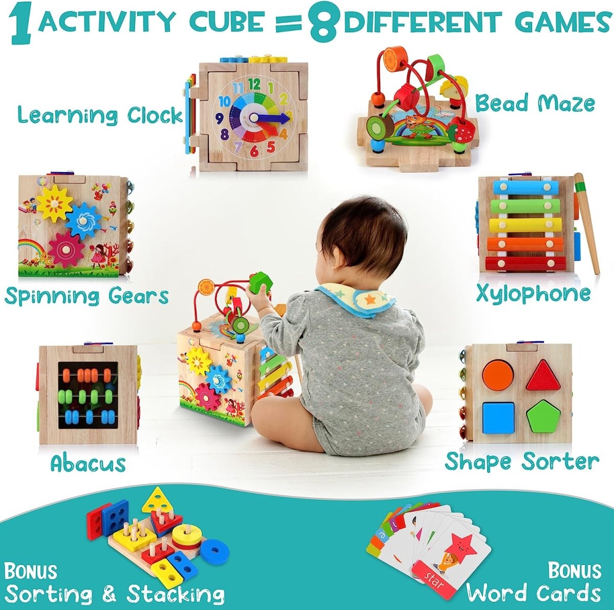 Mindful Blocks Montessori 8v1 dřevěný vzdělávací kostka pro batolata
