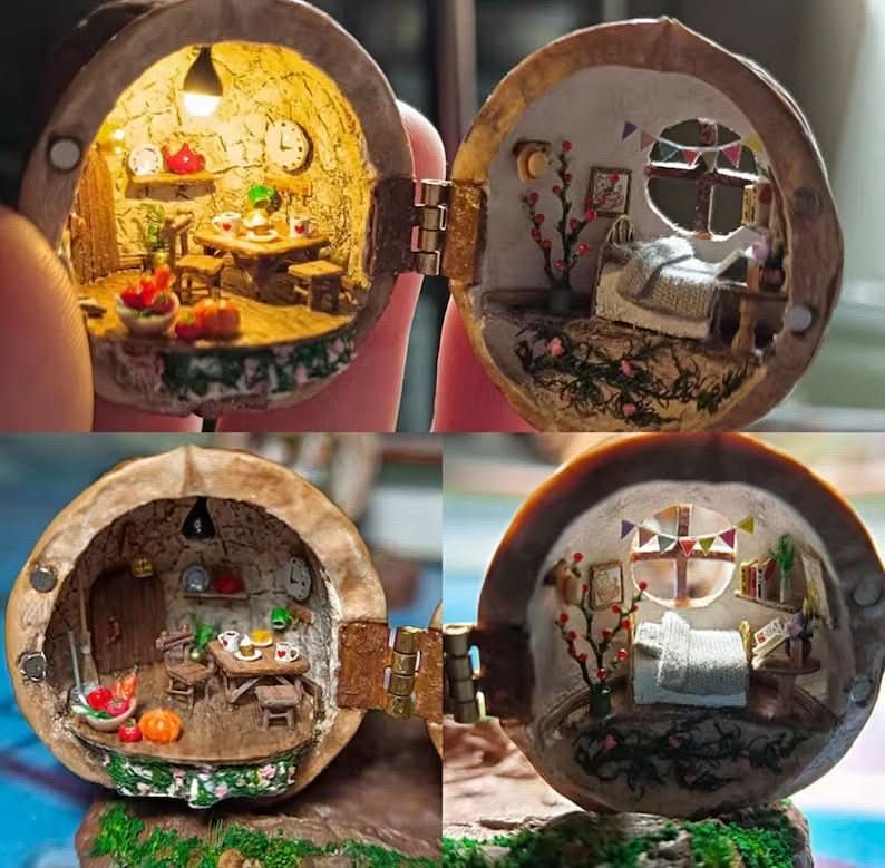 Whispering Walnut Shells Dollhouse Handmade With Interior Lighting
