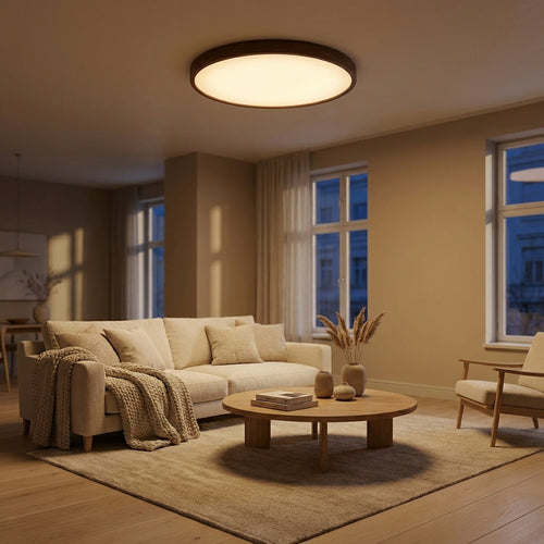 Lámpara de techo Aurel en madera oscura con luz natural característica