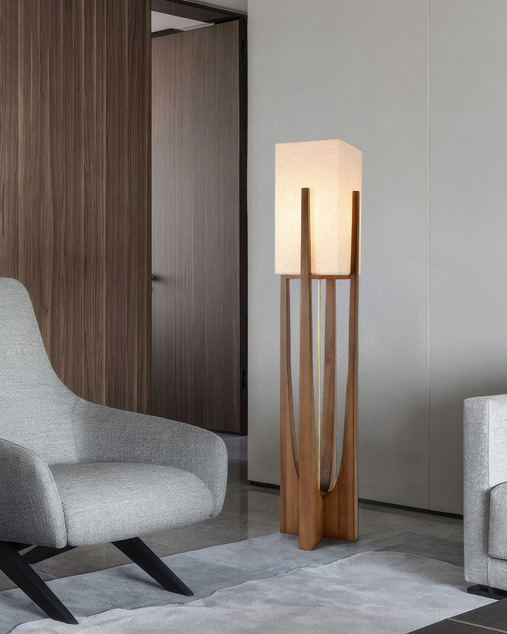 Lampada da Terra Kairoa in Noce con Accenti in Ottone, Design Giapponese Minimalista