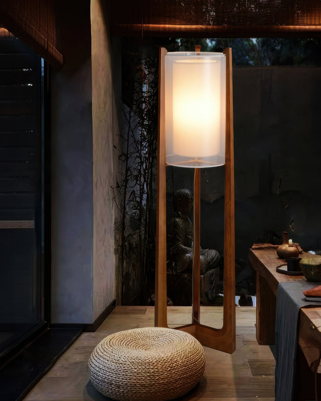 Lampada da Terra Orinex in Legno di Frassino con Paralume in Tessuto a Rete