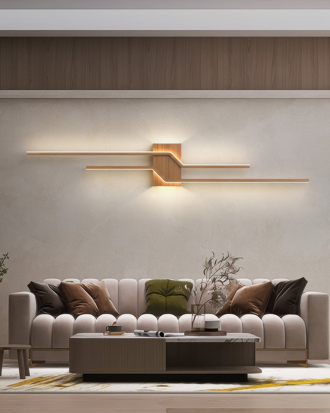 LumaVale LED-vegglampe med trestrukturfinish, minimalistisk, for oppholdsrom